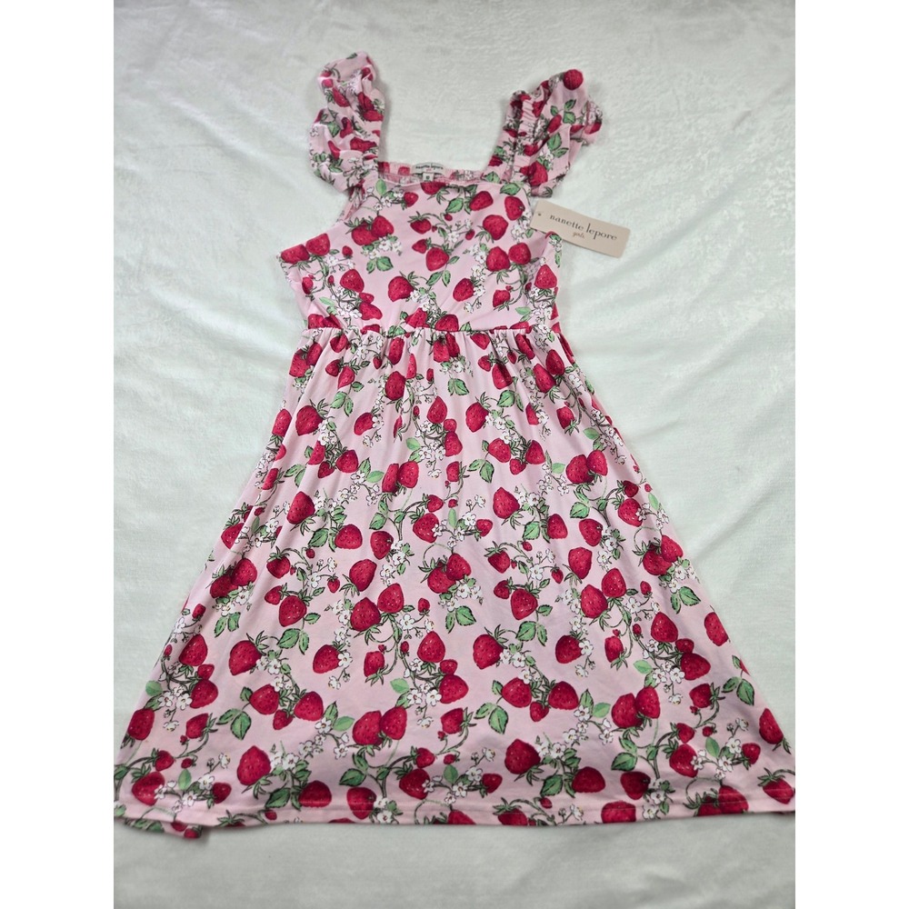 Nanette Lepore Girls Pink Strawberry Print Ruffle Strap Smocked Dress 10 NEW